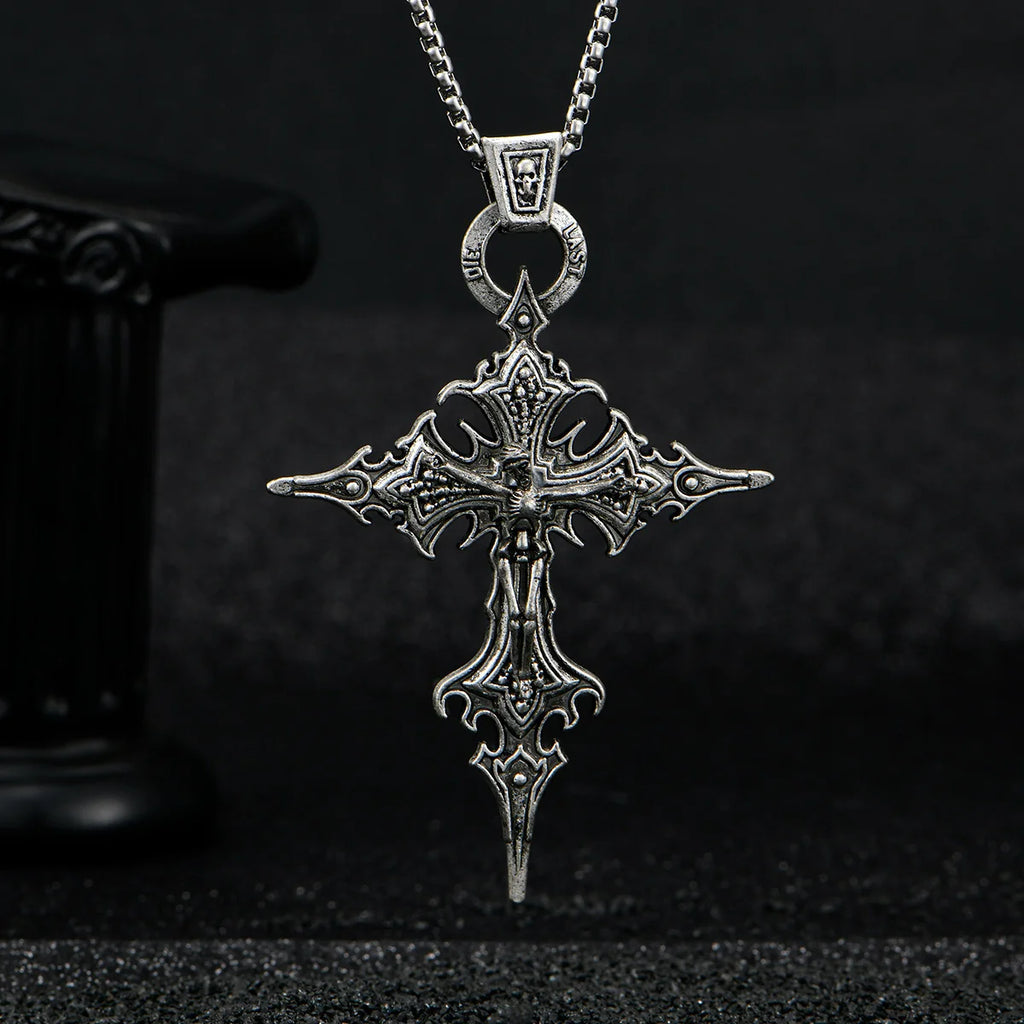 Gothic Cross Pendant Necklace Retro Skull Design