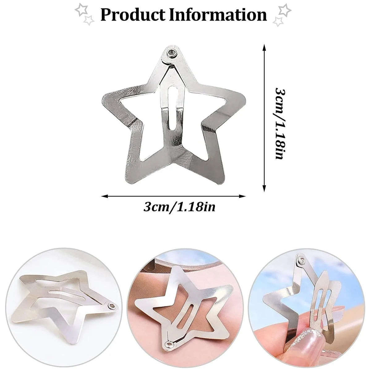 Y2K Star Hair Clips Silver Metal Snap Barrettes