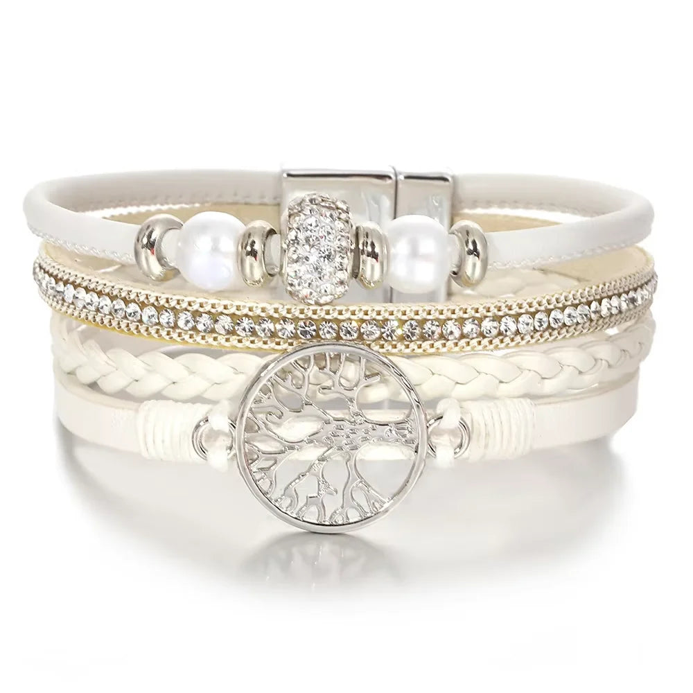 Tree of Life Bracelet Rhinestone Beaded Leather Wrap for Women