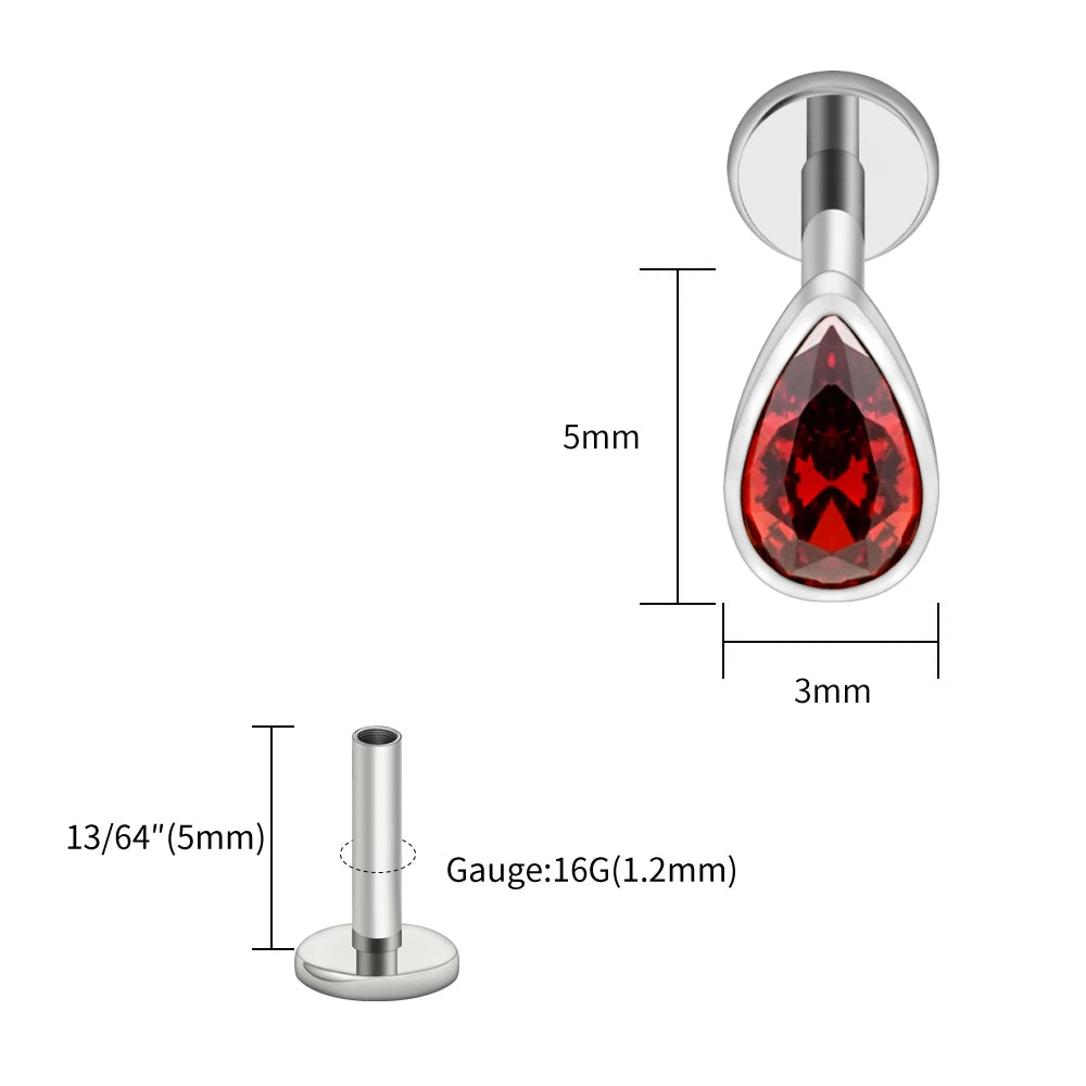 Titanium Labret Stud Teardrop Garnet CZ Cartilage Earring