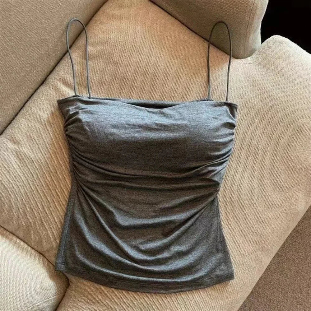1 PC Stylish Waist Pleated Corset - Soft support fixed chest pad sleeveless vest Sexy short top with thin straps Solid color