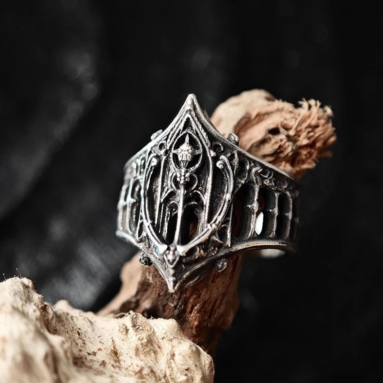 Gothic Castle Ring Silver Crown Design for Halloween & Parties