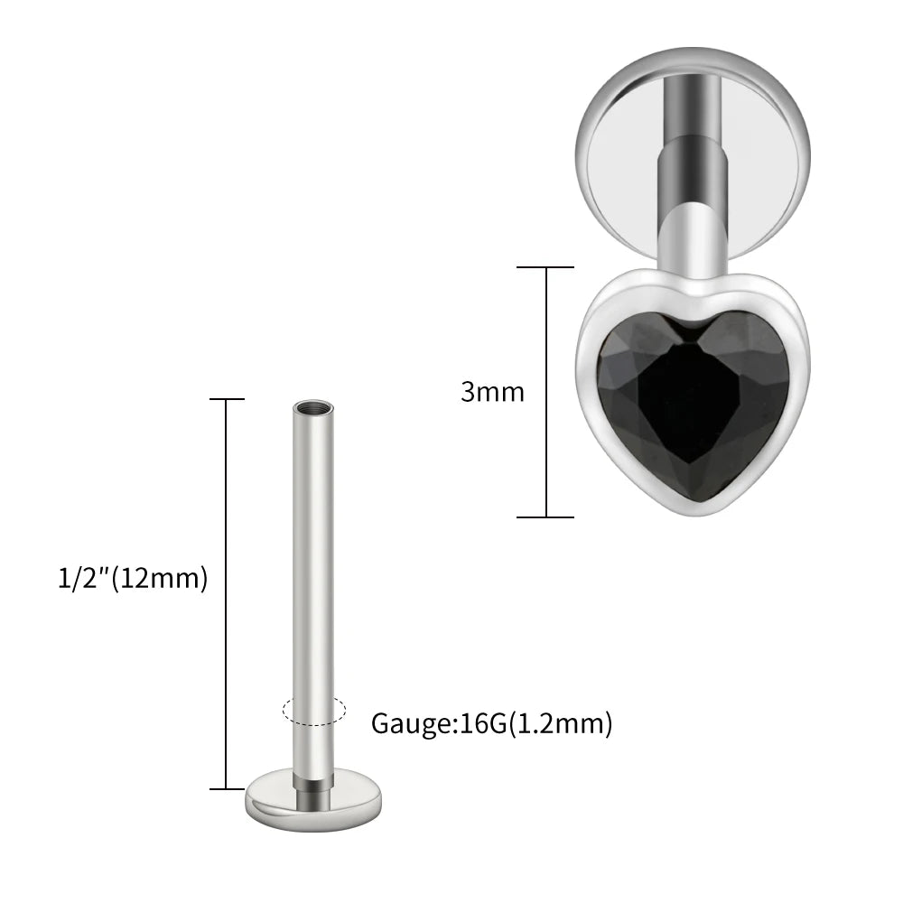Titanium Heart Labret Stud CZ Flat Back Piercing Jewelry