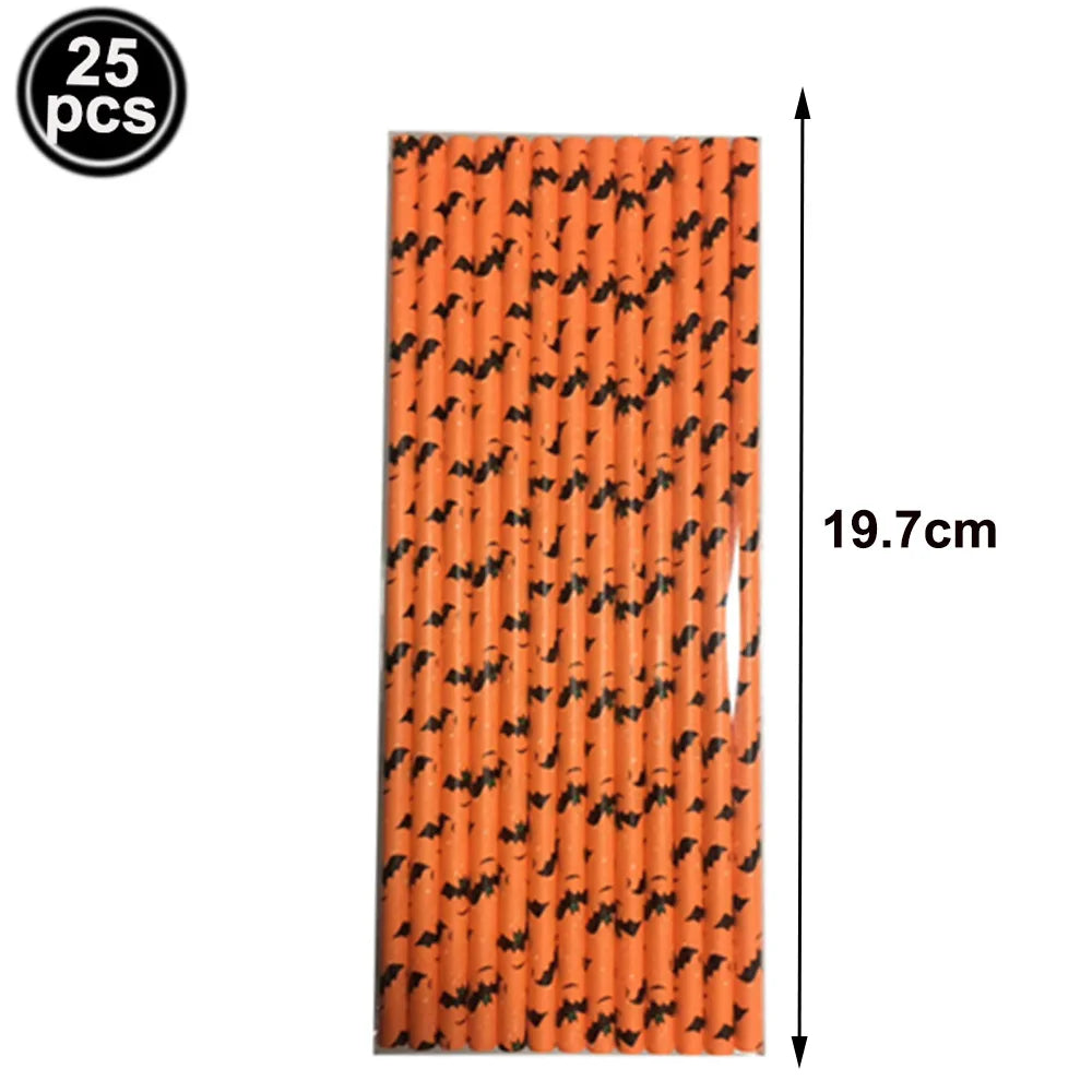 Halloween Paper Straws, Disposable Party Straws with Spooky Patterns