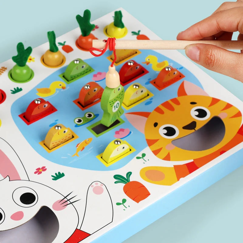 Montessori Toddler Toy – Wooden Carrot Pulling & Fishing Game Set
