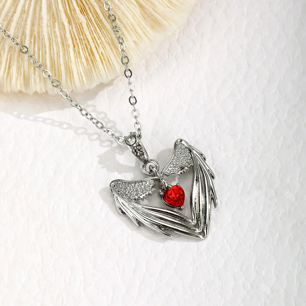 Gothic Bat Wing Necklace with Heart Pendant – Dark Fantasy Jewelry