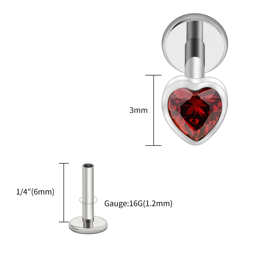 Titanium Heart Labret Stud CZ Flat Back Piercing Jewelry