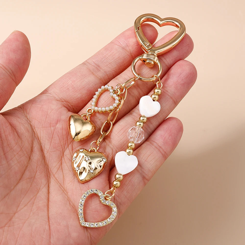 Cute Bowknot Love Heart Keychain Crystal Pearl Key Ring Pendants for Women Girls Handbag Decor DIY Handmade Key Chain Gifts