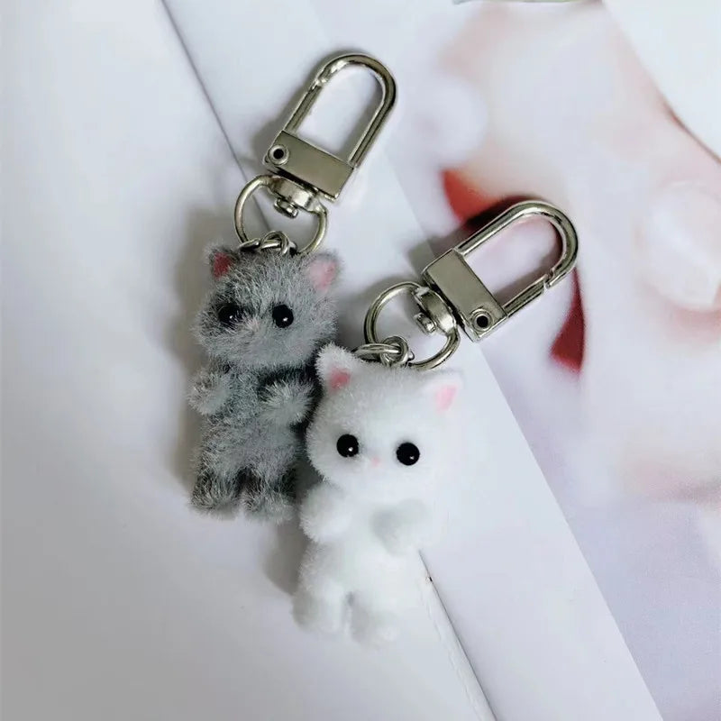Cat Keychain, Cute Flocked 3D Cat Bag Charm for Phone and Car Keys