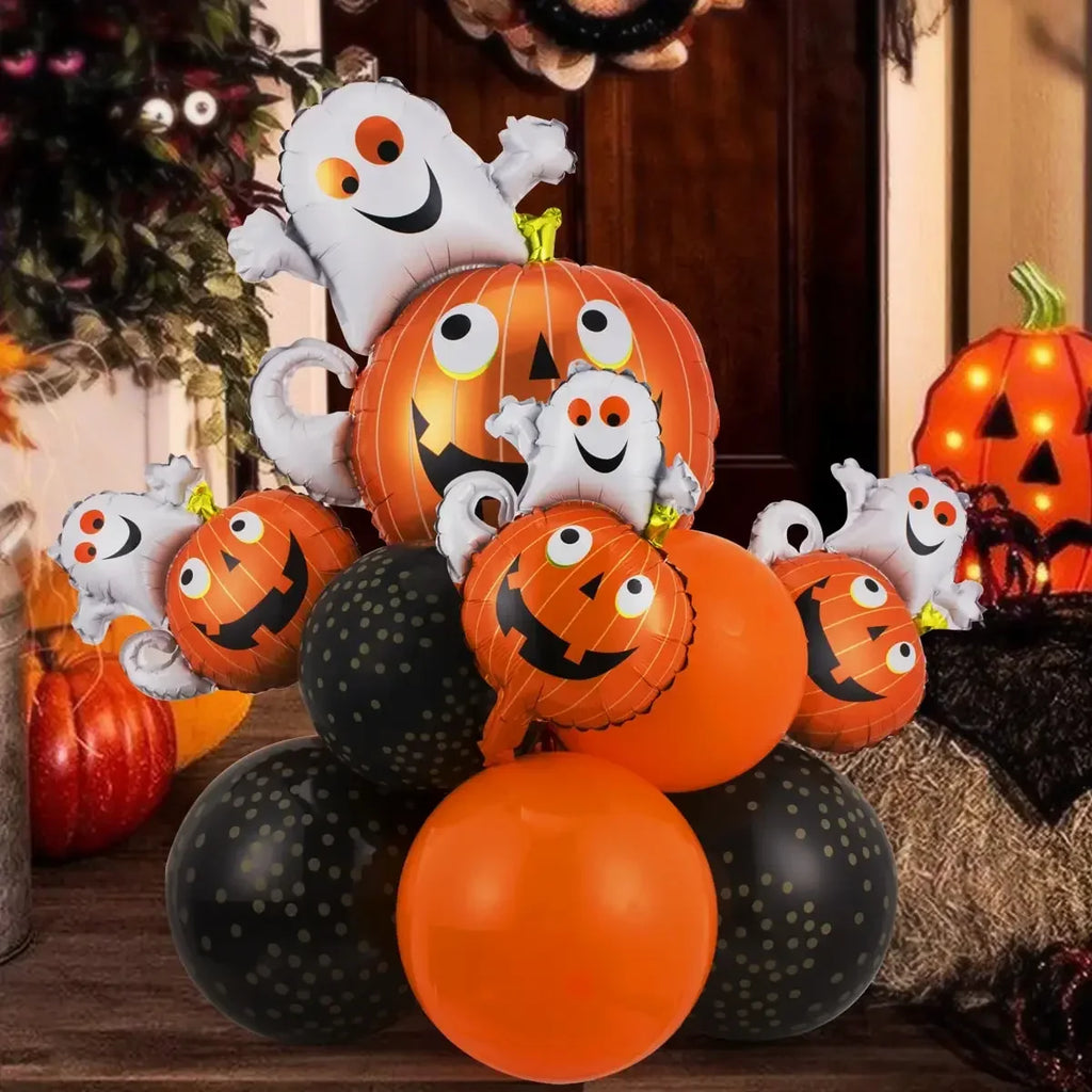 12/13pcs Happy Halloween Balloon Set With Black kids-game-jumpsuit-costume-red-greenOrange Latex Globos Ghost Bat Pumpkin for Haunted House Room Halloween Eve Decor