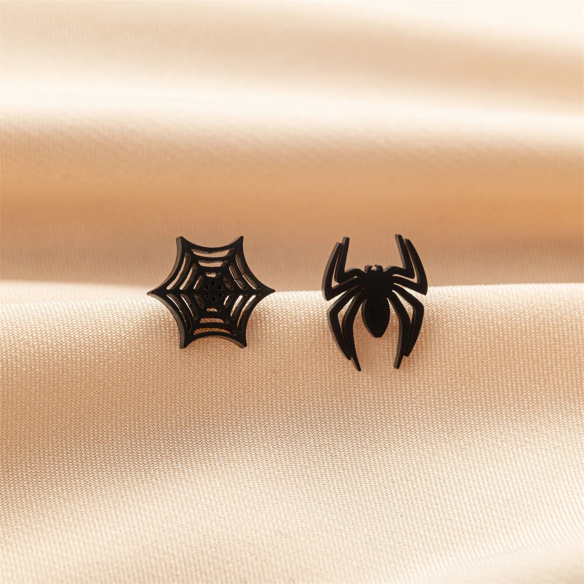 Spider Web Stud Earrings Black Gothic Stainless Steel