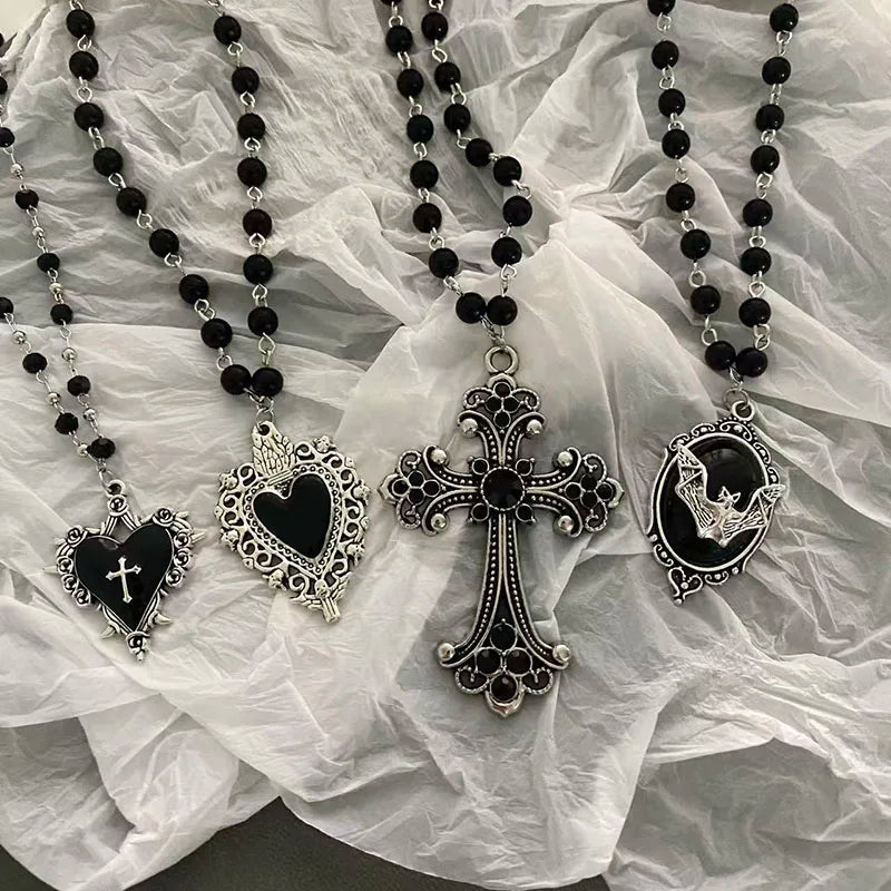 Gothic Bat Cross Necklace – Y2K Black Beaded Pendant