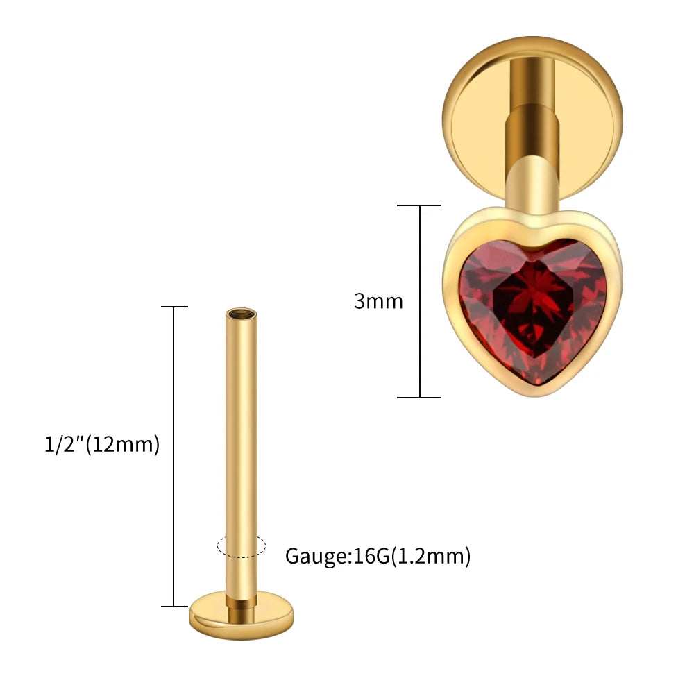 Titanium Heart Labret Stud CZ Flat Back Piercing Jewelry