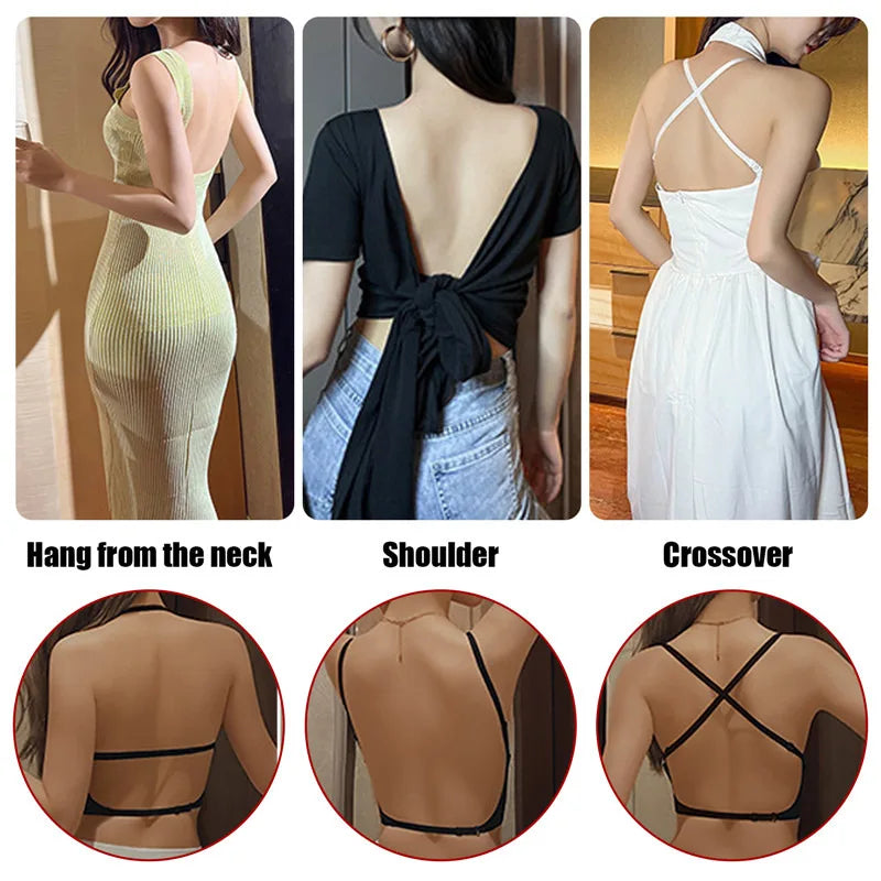 Women Invisible Bra Deep U Plunge Bras Backless Top for Dresses Sexy Lingerie with Transparent Strap Push Up Strapless Underwea