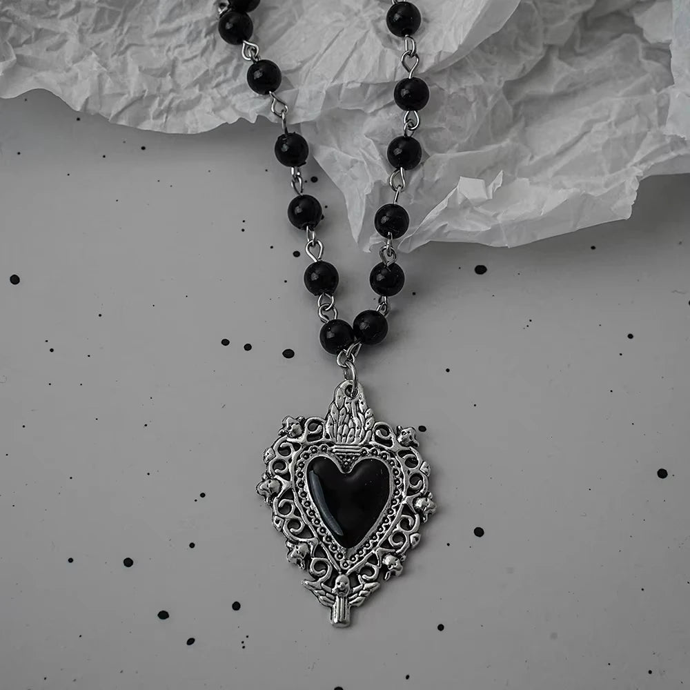 Gothic Bat Necklace Cross Pendant Y2K Black Bead Jewelry