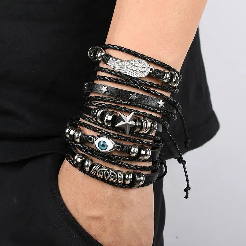 Evil Eye Bracelet Set 5pcs Wing Star Punk Leather Beaded
