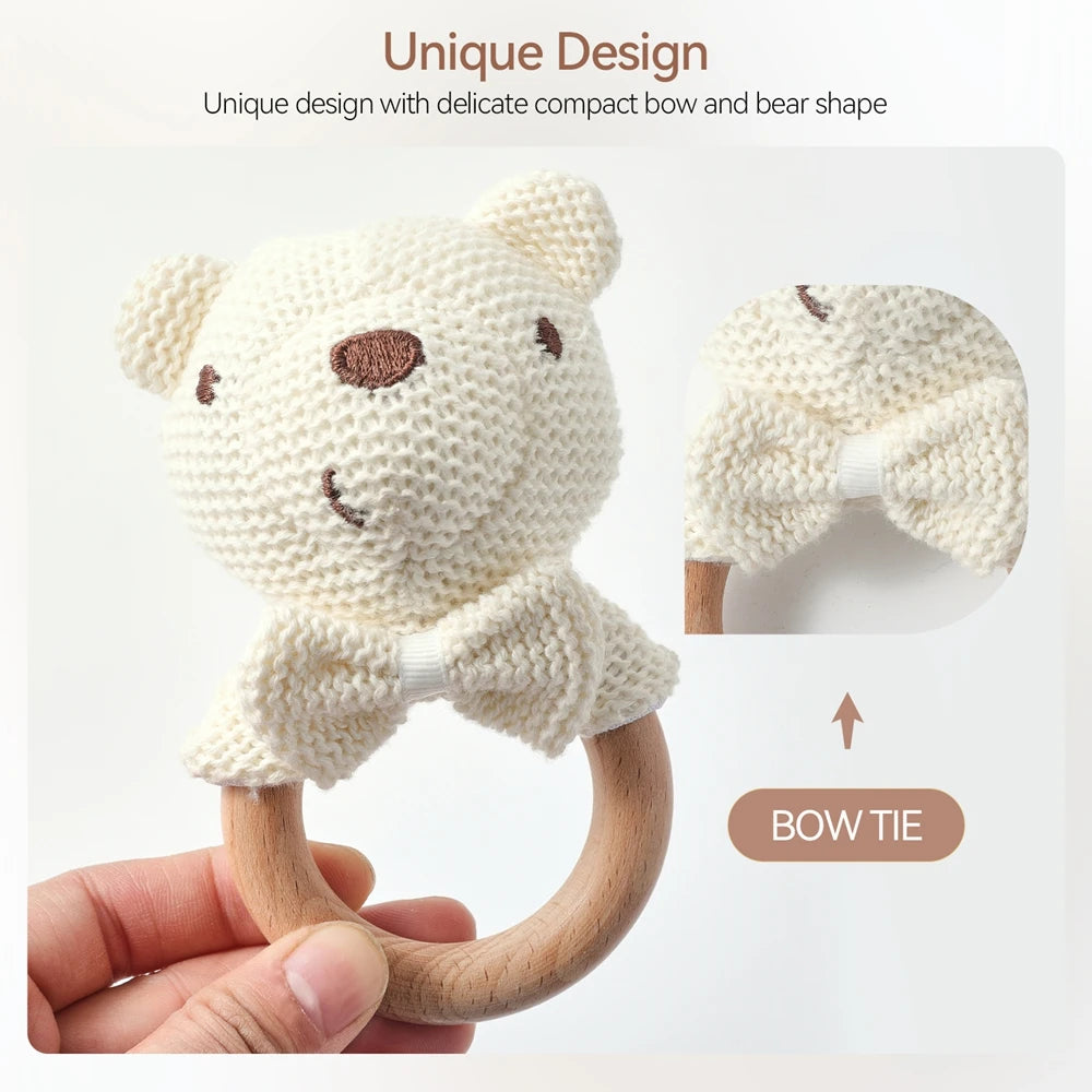 Baby Rattle Toy – Wooden Crochet Bear Teether for Newborns