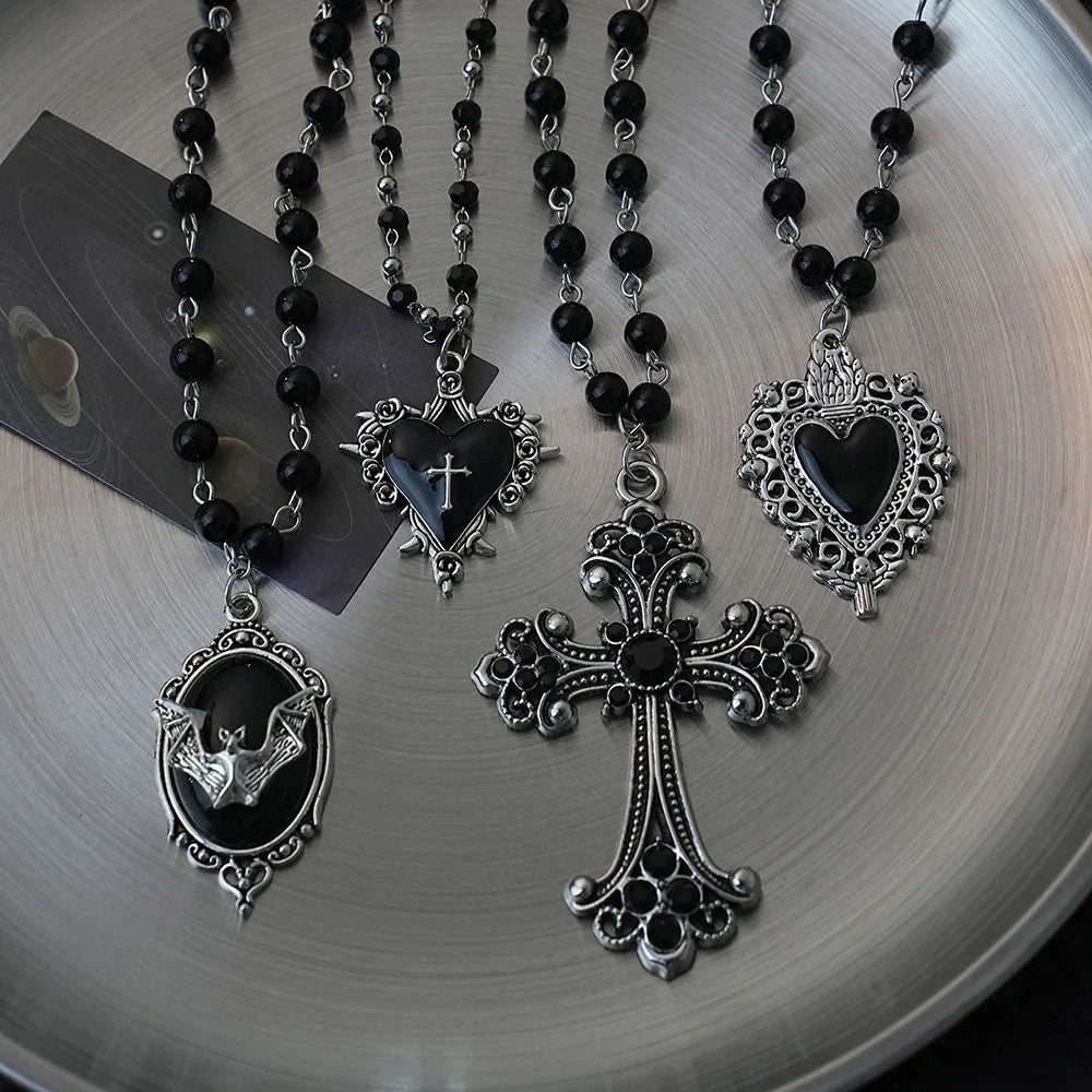 Gothic Bat Necklace Cross Pendant Y2K Black Bead Jewelry