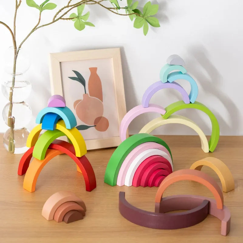 Rainbow Wooden Building Blocks Stacking Toy for Kids