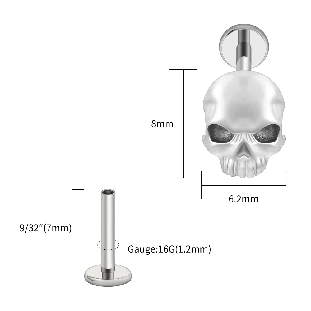 Right Grand ASTM F136 Titanium Skull Tragus Piercing 16G Skeleton Cartilage Helix Stud Earring Gothic Halloween Jewelry