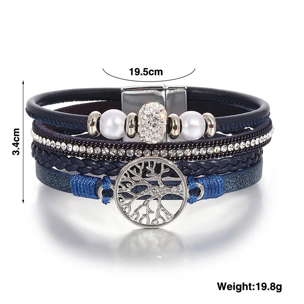 Tree of Life Bracelet Rhinestone Beaded Leather Wrap for Women