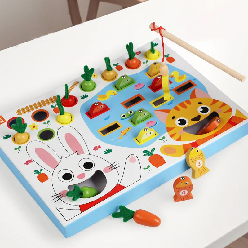 Montessori Toddler Toy – Wooden Carrot Pulling & Fishing Game Set