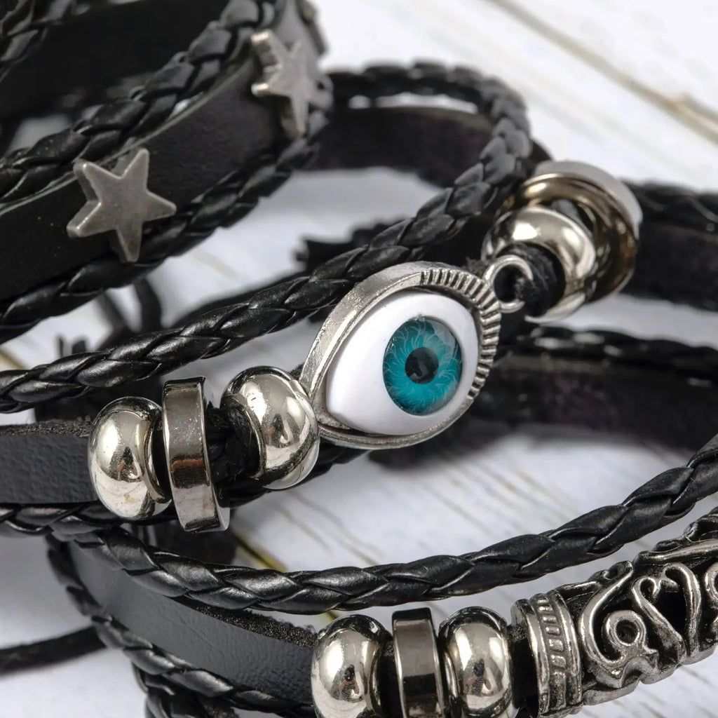 Evil Eye Bracelet Set 5pcs Wing Star Punk Leather Beaded