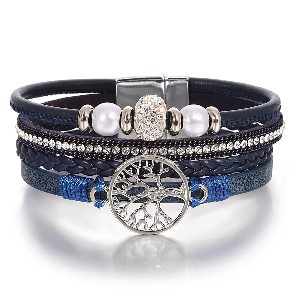 Tree of Life Bracelet Rhinestone Beaded Leather Wrap for Women