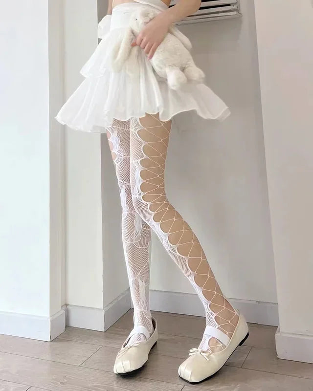 Women's Fishnet Stockings, Patterned High Waist Fishnet Tights, Fishnet Hollow Floral Thigh High Pantyhose
