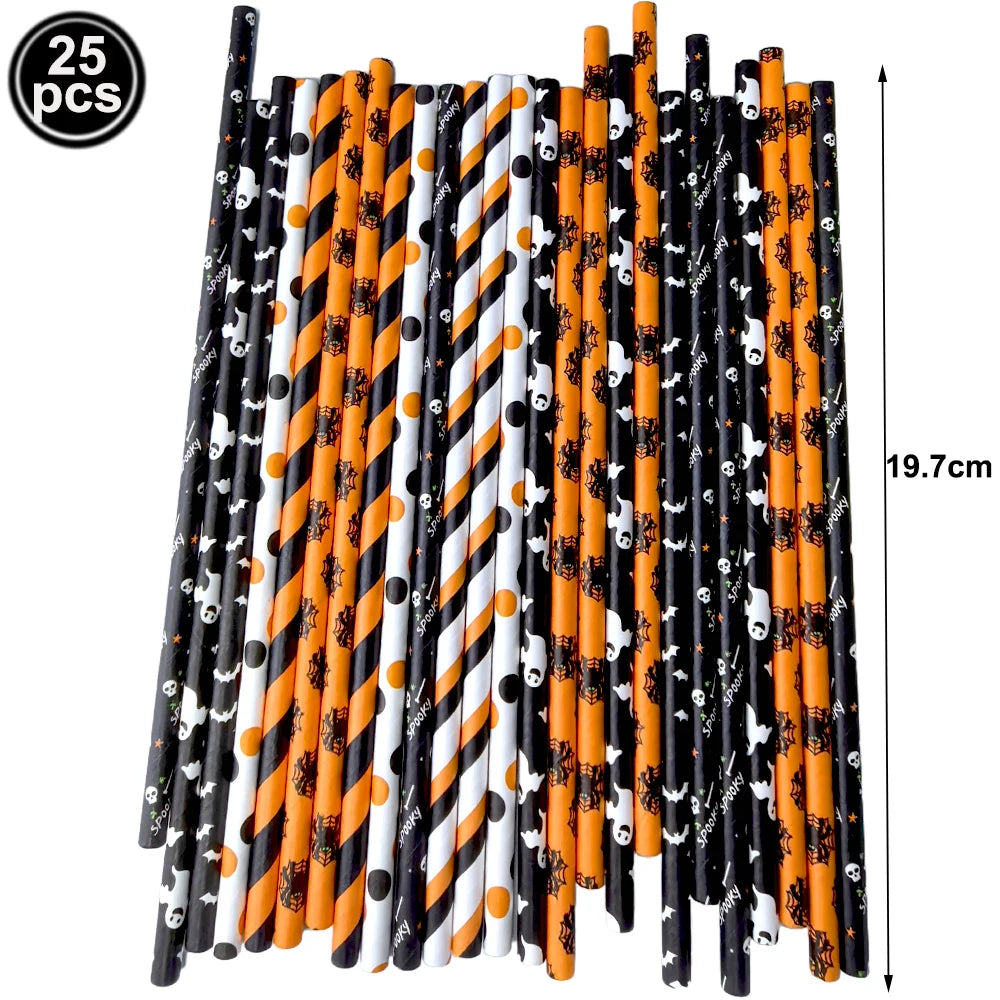 Halloween Paper Straws, Disposable Party Straws with Spooky Patterns