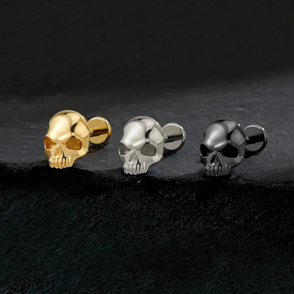 Right Grand ASTM F136 Titanium Skull Tragus Piercing 16G Skeleton Cartilage Helix Stud Earring Gothic Halloween Jewelry