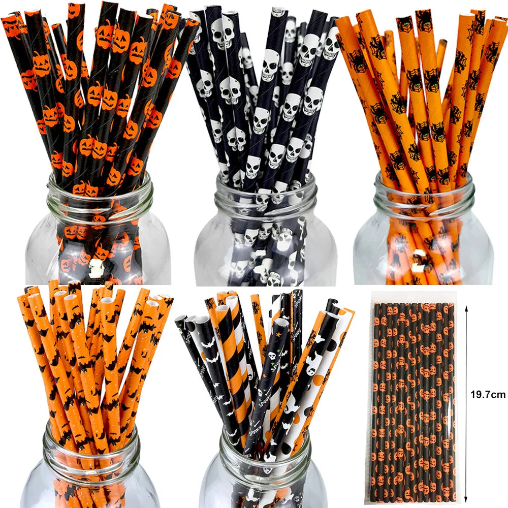 Halloween Paper Straws, Disposable Party Straws with Spooky Patterns