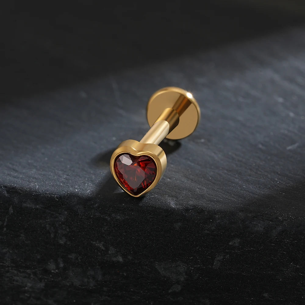 Titanium Heart Labret Stud CZ Flat Back Piercing Jewelry