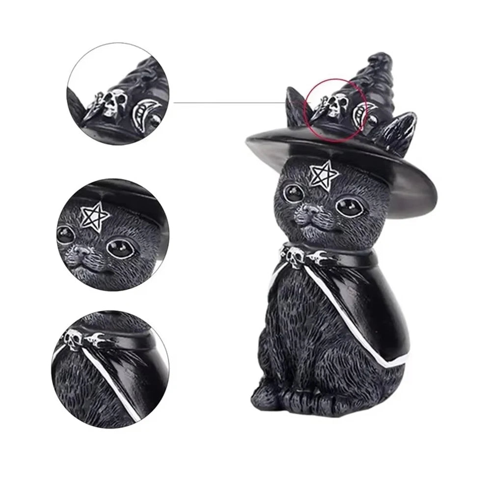 Black Cat Halloween Figurine, Resin Witch Cat Statue for Home Decor