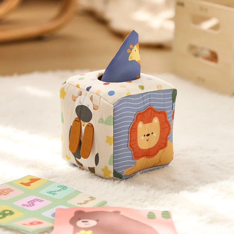 Montessori Tissue Box Toy – Baby Sensory Cloth Busy Cube