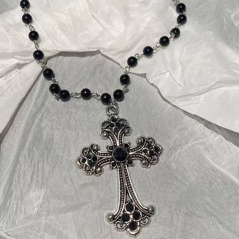 Gothic Bat Cross Necklace – Y2K Black Beaded Pendant