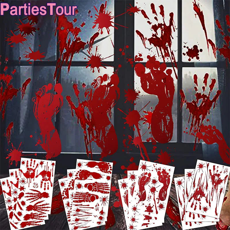 Halloween Wall Stickers – Blood Handprint, Footprint & Skull Decor