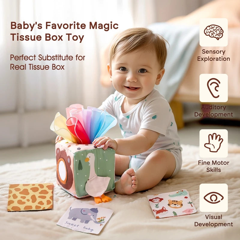 Montessori Tissue Box Toy – Baby Sensory Cloth Busy Cube