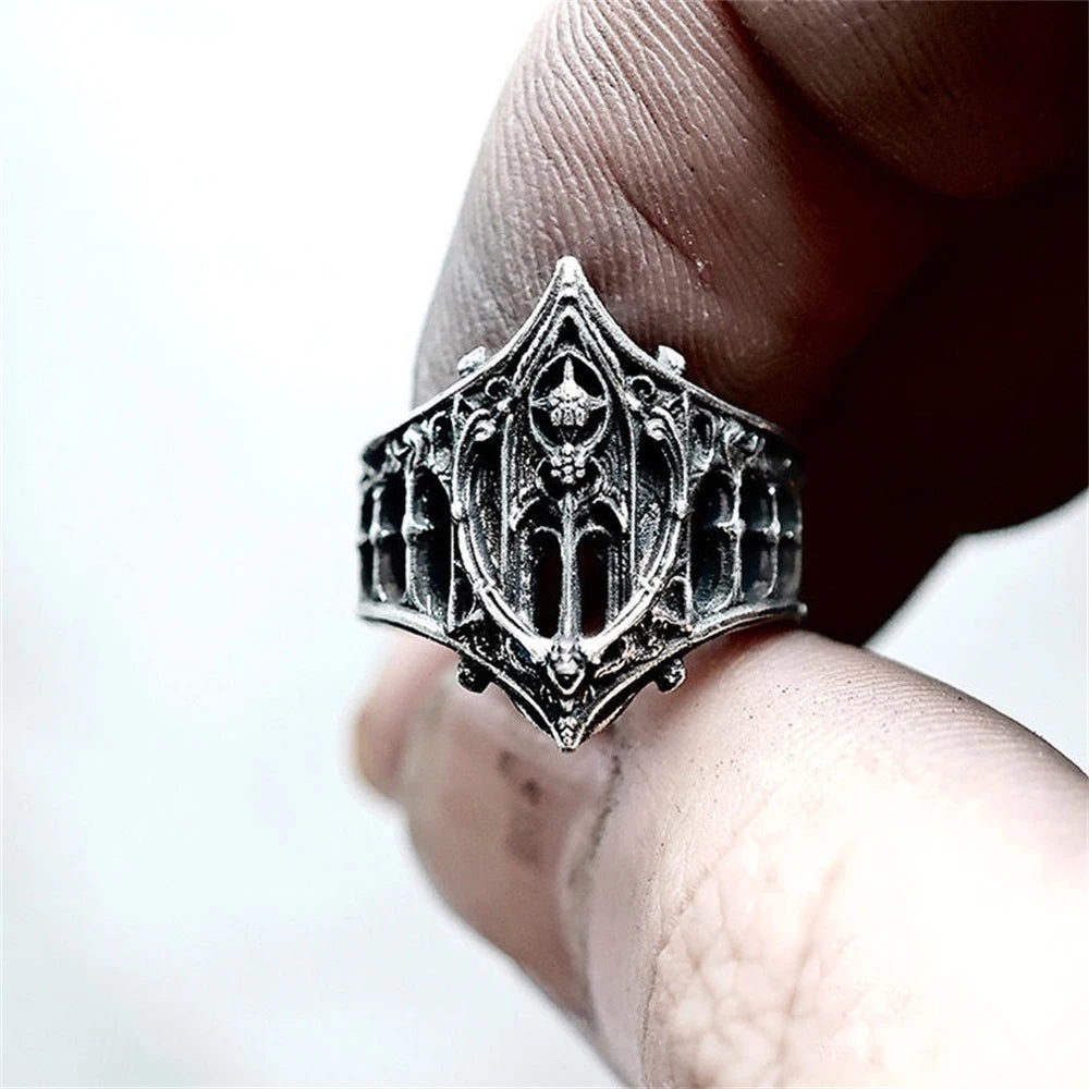 Gothic Architecture Ring Silver Retro Halloween Jewelry