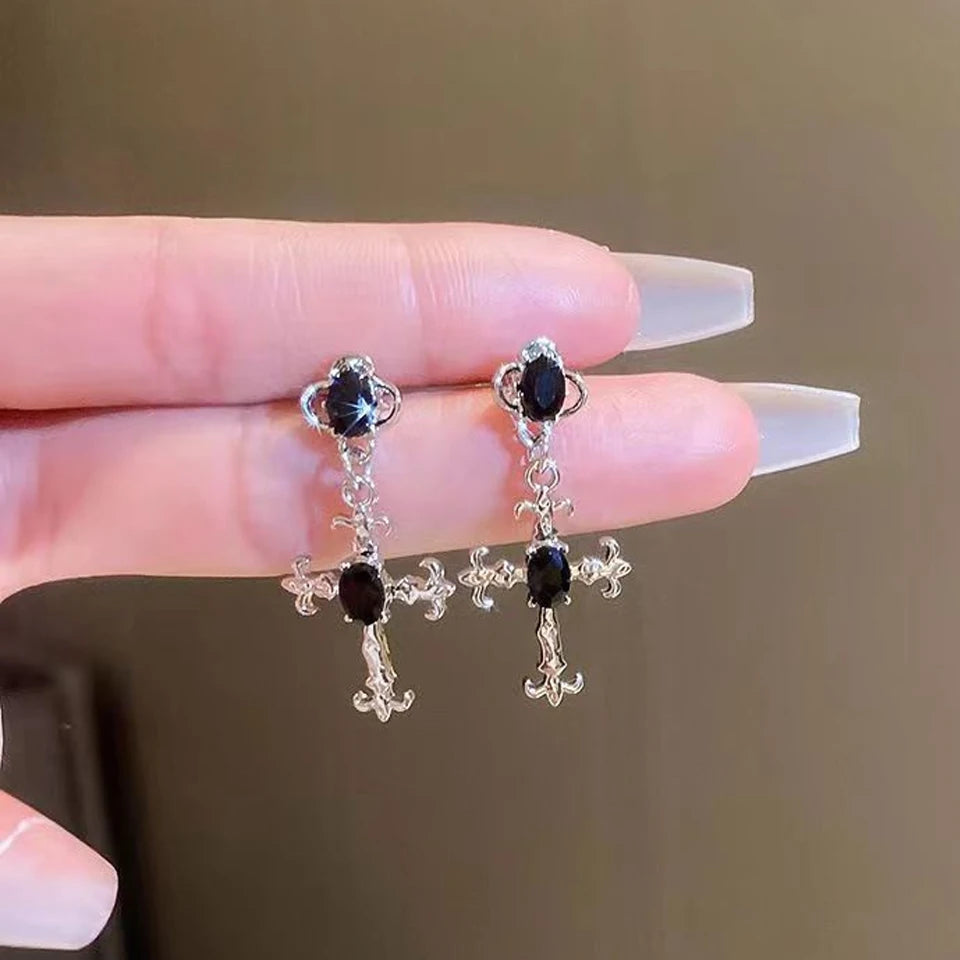 Gothic Cross Drop Earrings Black Crystal Punk Jewelry