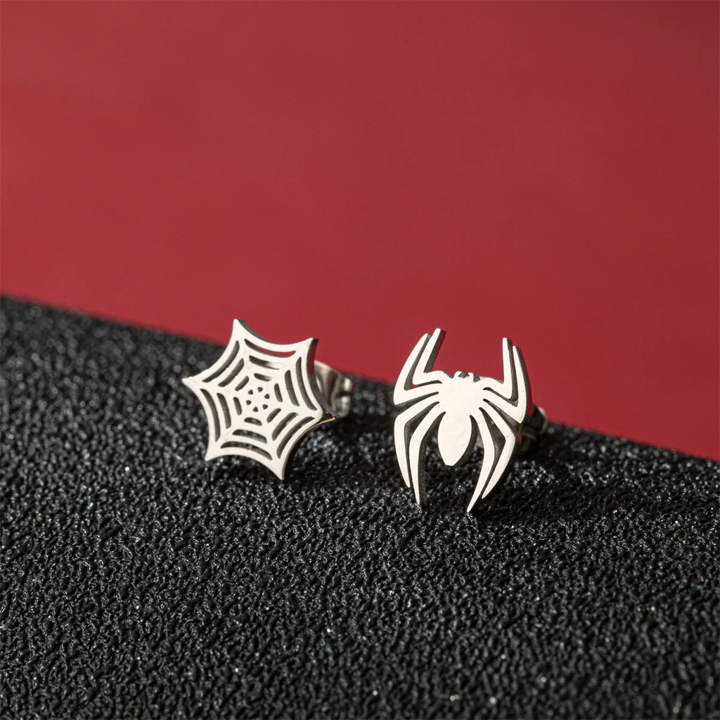 Spider Web Stud Earrings Black Gothic Stainless Steel