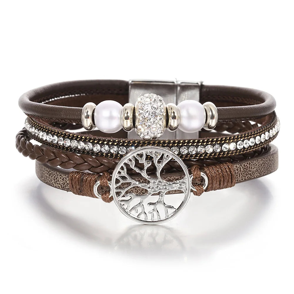 Tree of Life Bracelet Rhinestone Beaded Leather Wrap for Women