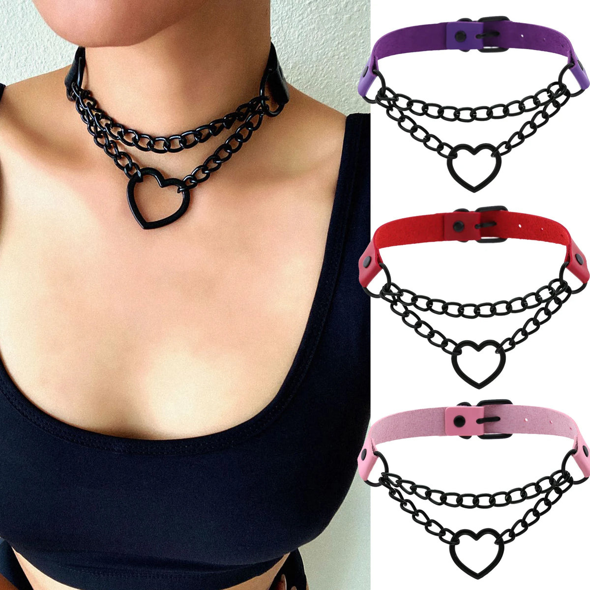 Black Choker Necklace Heart Gothic Punk Leather Collar