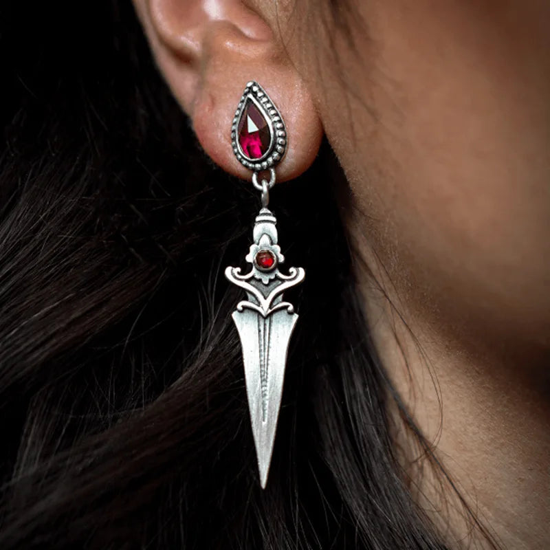 Gothic Sword Earrings for Women Red Stone Vintage Drop Jewelry