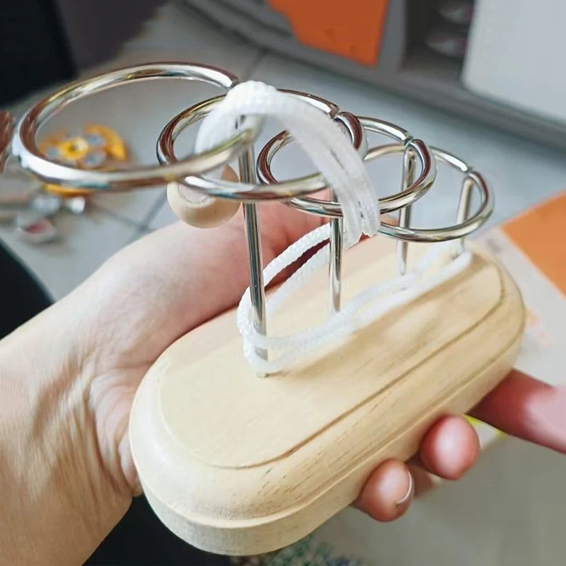 Wooden Brain Teaser Puzzle Rope Ring 3D Logic Challenge Toy