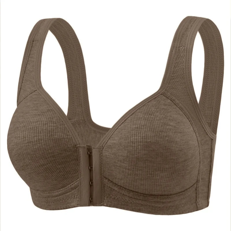 Women's Bra Wire-Free Front Closure Solid Color Full Coverage Fixed Cups More Considerate for Middle-Aged And Elderly Individual