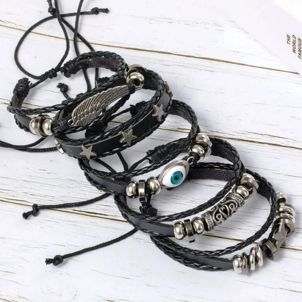 Evil Eye Bracelet Set 5pcs Wing Star Punk Leather Beaded
