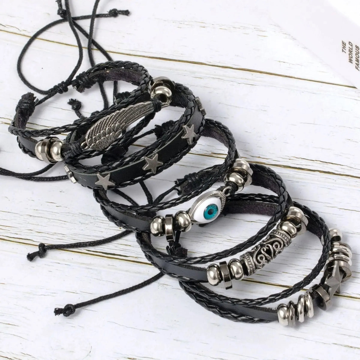 Evil Eye Bracelet Set 5pcs Wing Star Punk Leather Beaded