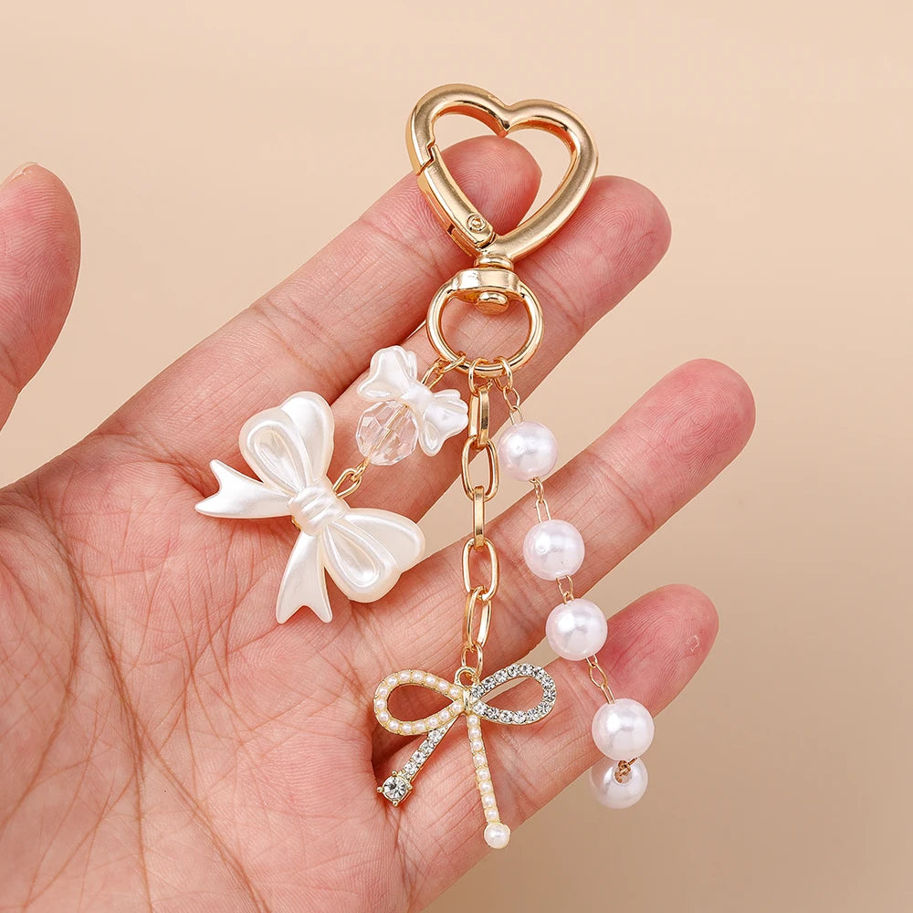 Cute Bowknot Love Heart Keychain Crystal Pearl Key Ring Pendants for Women Girls Handbag Decor DIY Handmade Key Chain Gifts