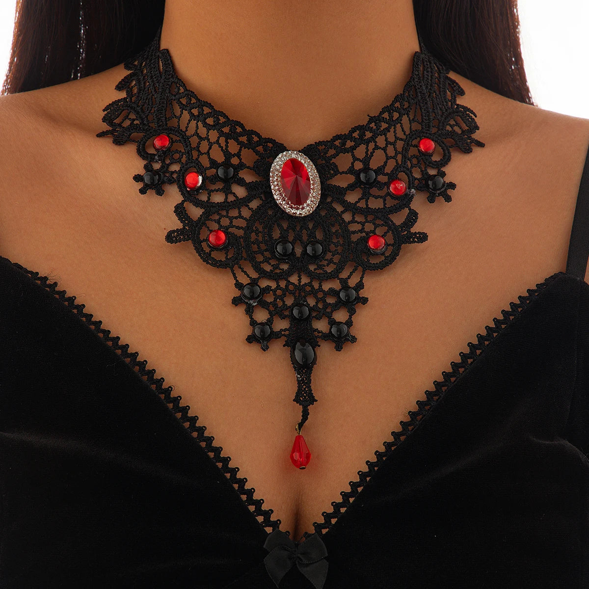 Gothic Lace Choker Black Punk Necklace Red Drop Pendant